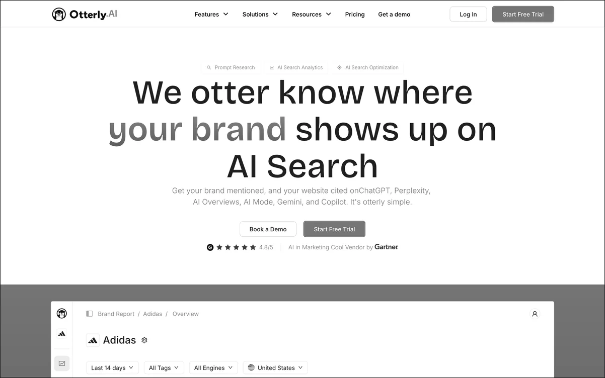 Otterly.AI dashboard showing prompt-level citation tracking across ChatGPT, Perplexity, and Google AI Overviews