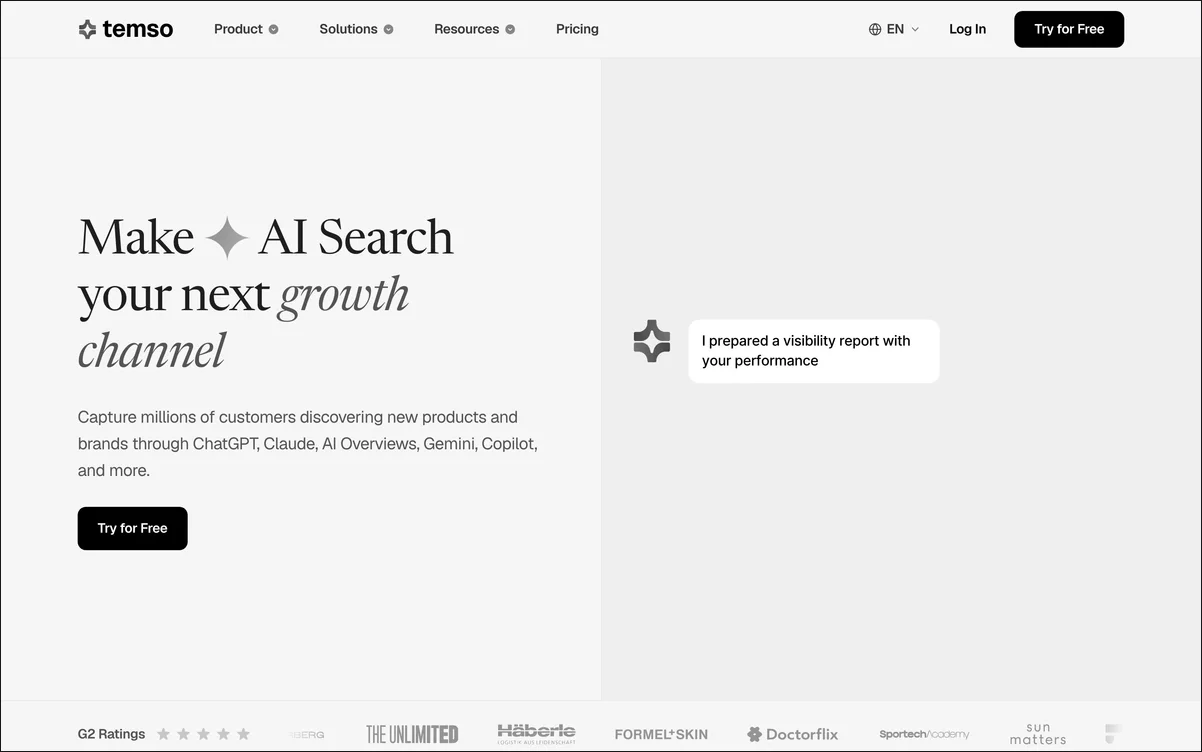 Temso's visibility view charting brand presence across ChatGPT, Perplexity, Google AI Overviews, Gemini, and Copilot